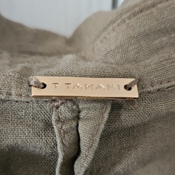 T Tahari Olive Neutral Sleeveless Mini Dress Linen Blend - Picture 2 of 8